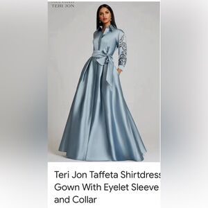 Teri Jon by Ricki FreemanTaffeta Shirtdress Gown With Eyelet Sleeve And Collar